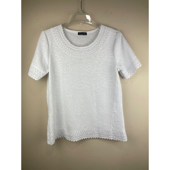 Chances R Tops - Chances R Embossed Blouse Womens M White Eyelet Sleeve Roses Cottage